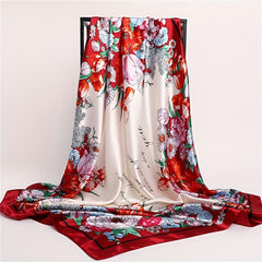Vintage Flower Print Satin Scarf Large Shawl Women Head Wrap Bandana