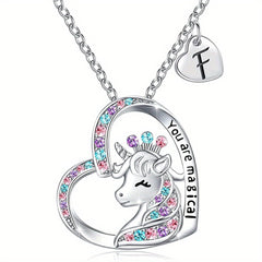 Cartoon Heart Unicorn Pendant Necklace Gift For Girls