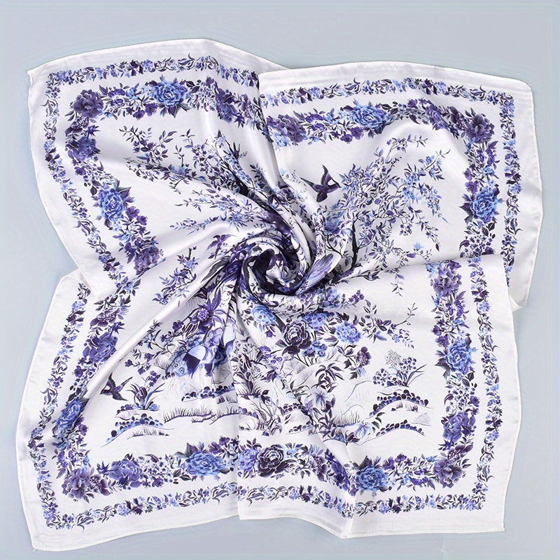 Floral Bird Print Silk Square Scarf Neckerchief