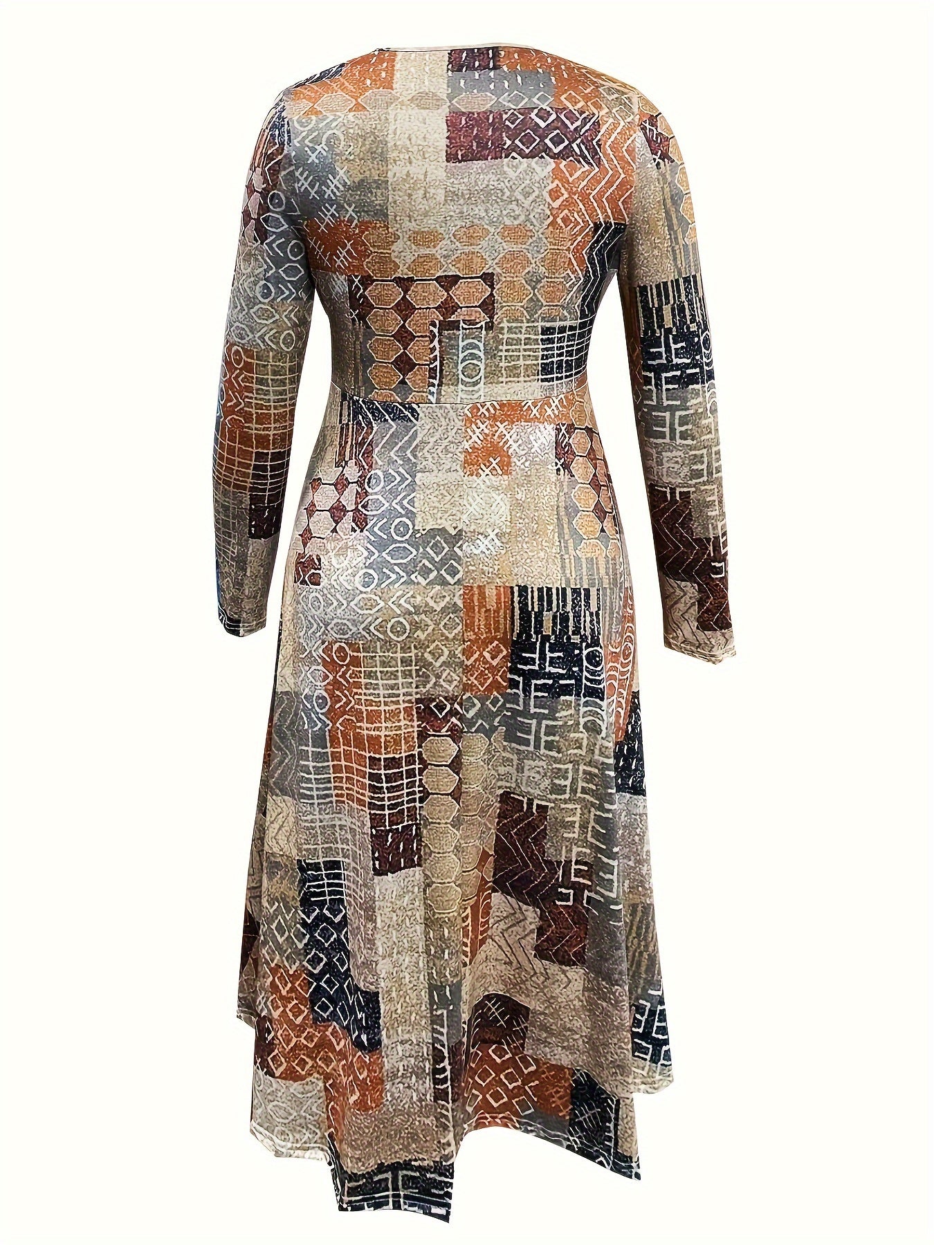 Geo Print Maxi Dress Long Sleeve V Neck Retro Style