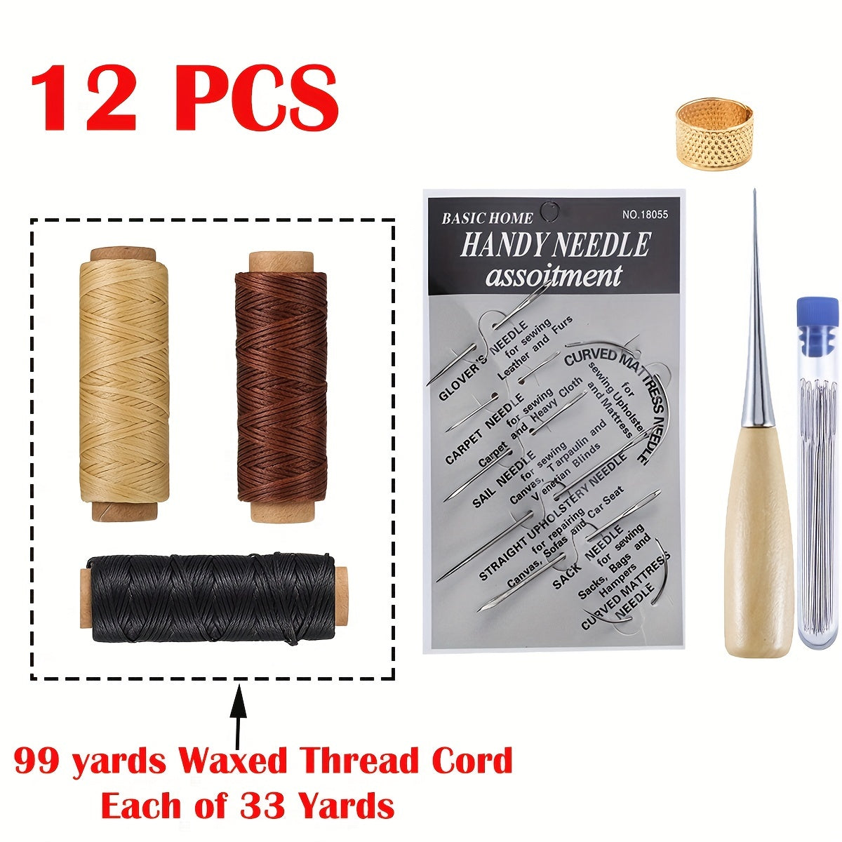 12pcs Leather Sewing Kit w/ 33 Yards Waxed Thread Cord & Large Eye Needles