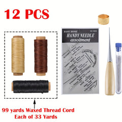 12pcs Leather Sewing Kit w/ 33 Yards Waxed Thread Cord & Large Eye Needles