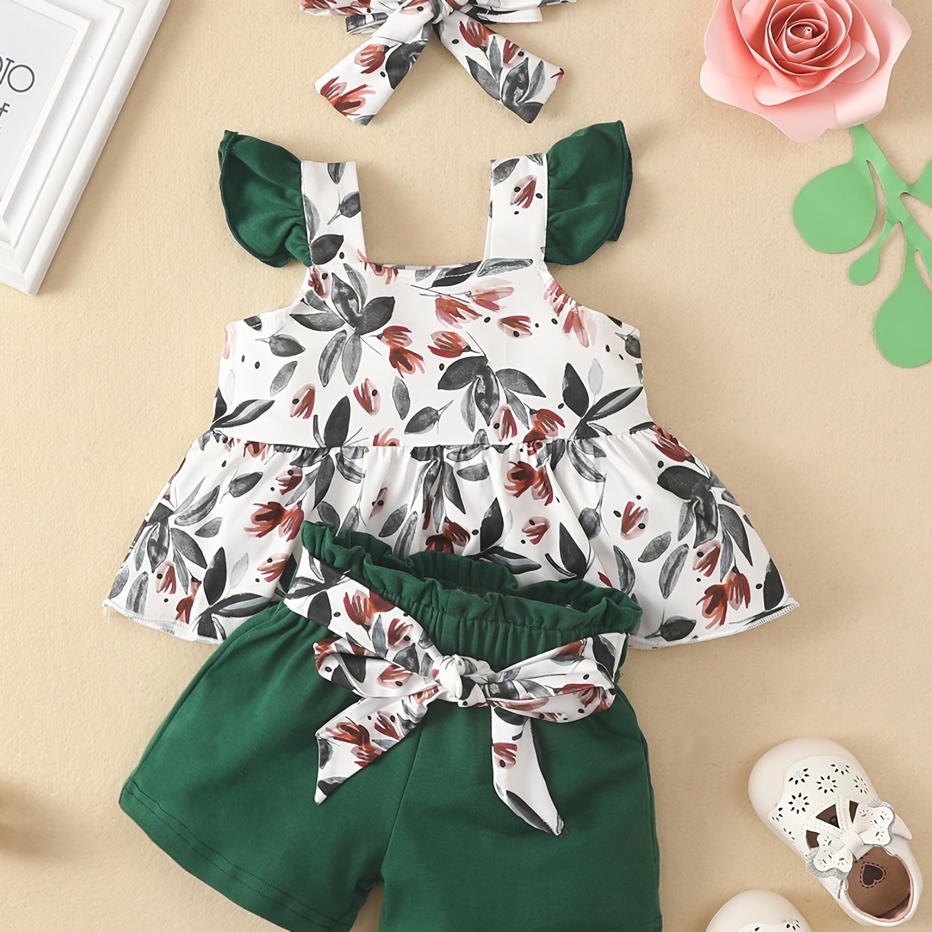 Baby Girls Leaf Print Peplum Top & Shorts Set