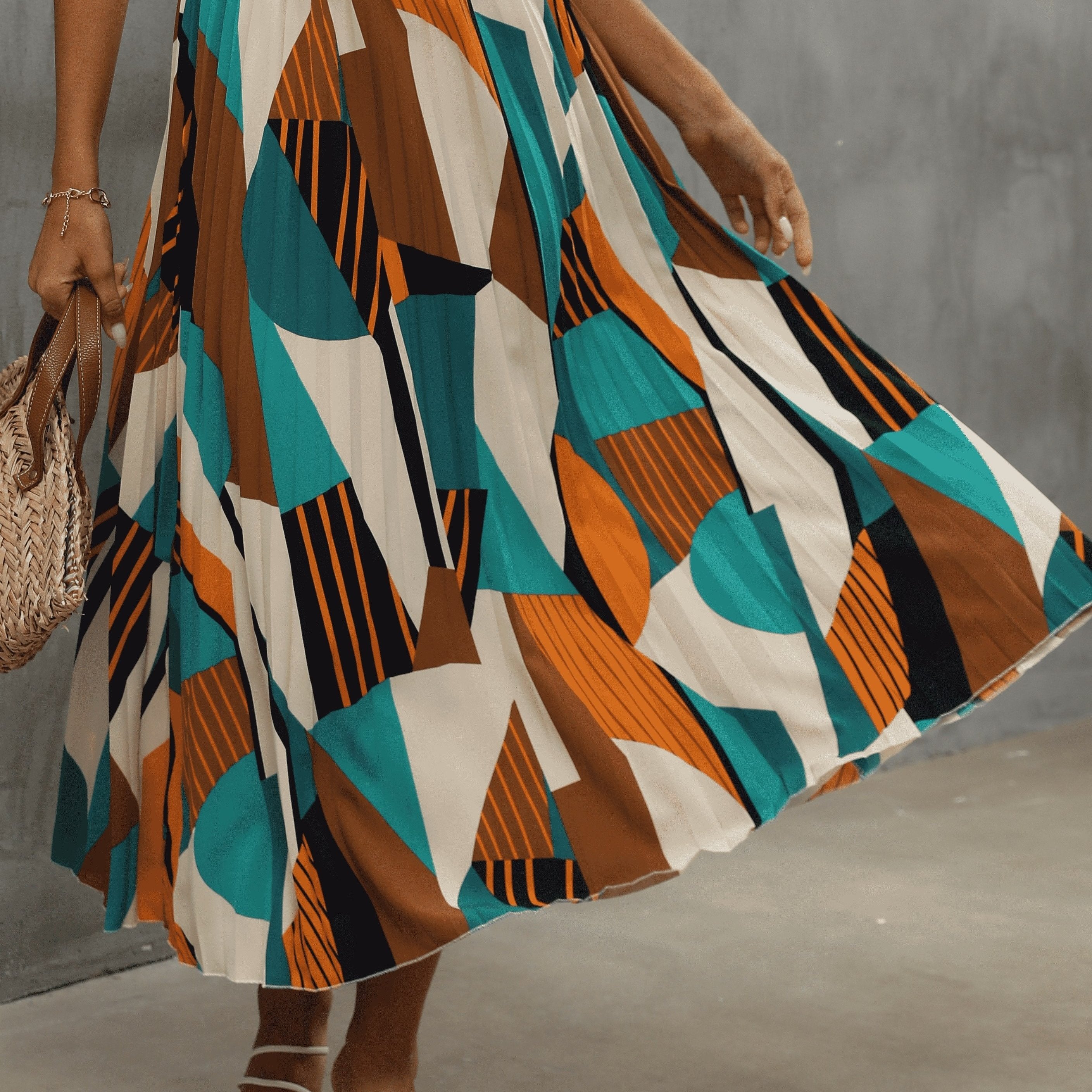 Pleated Geo Print High Waist Skirt - Boho Style