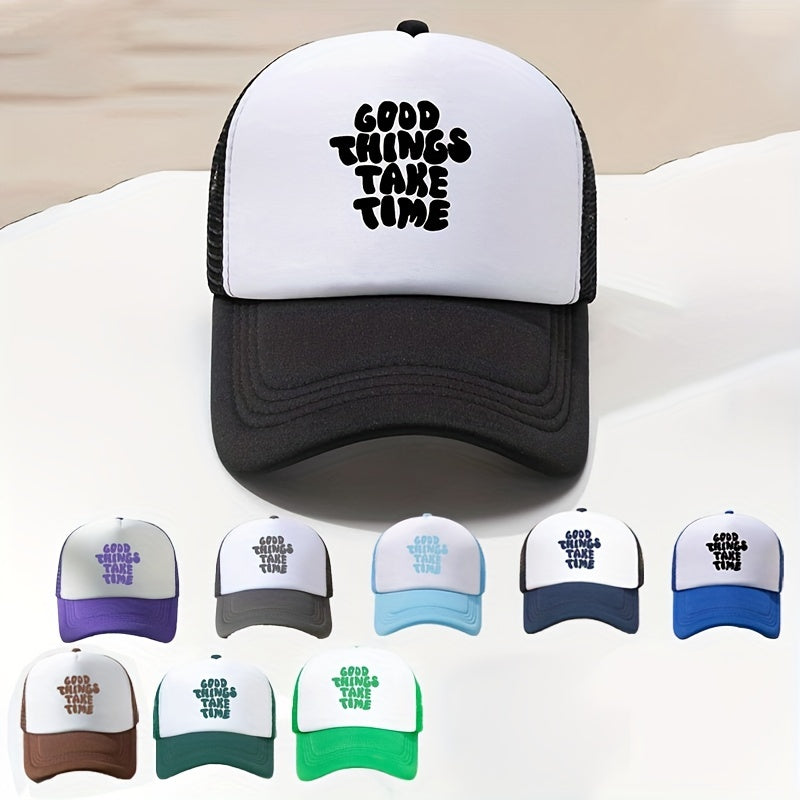 Unisex Block Trucker Hat GOOD THINGS TAKE TIME Print Mesh Baseball Cap