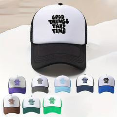 Unisex Block Trucker Hat GOOD THINGS TAKE TIME Print Mesh Baseball Cap