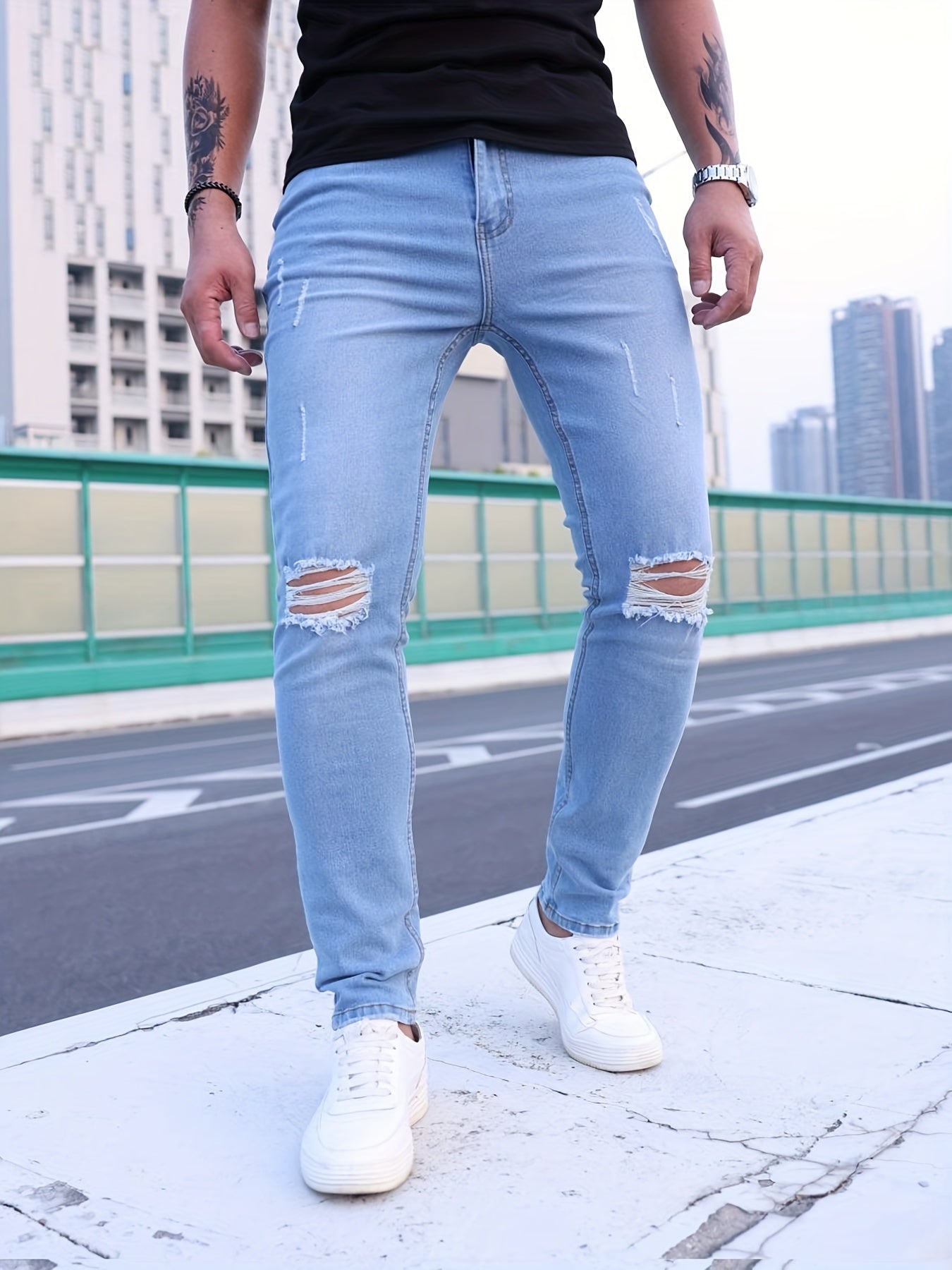 Ripped Slim Fit Jeans Men s Casual Street Style Denim Pants