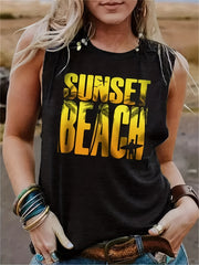 Sunset Beach Print Tank Top Sleeveless Summer Tank Top Women's Clothing