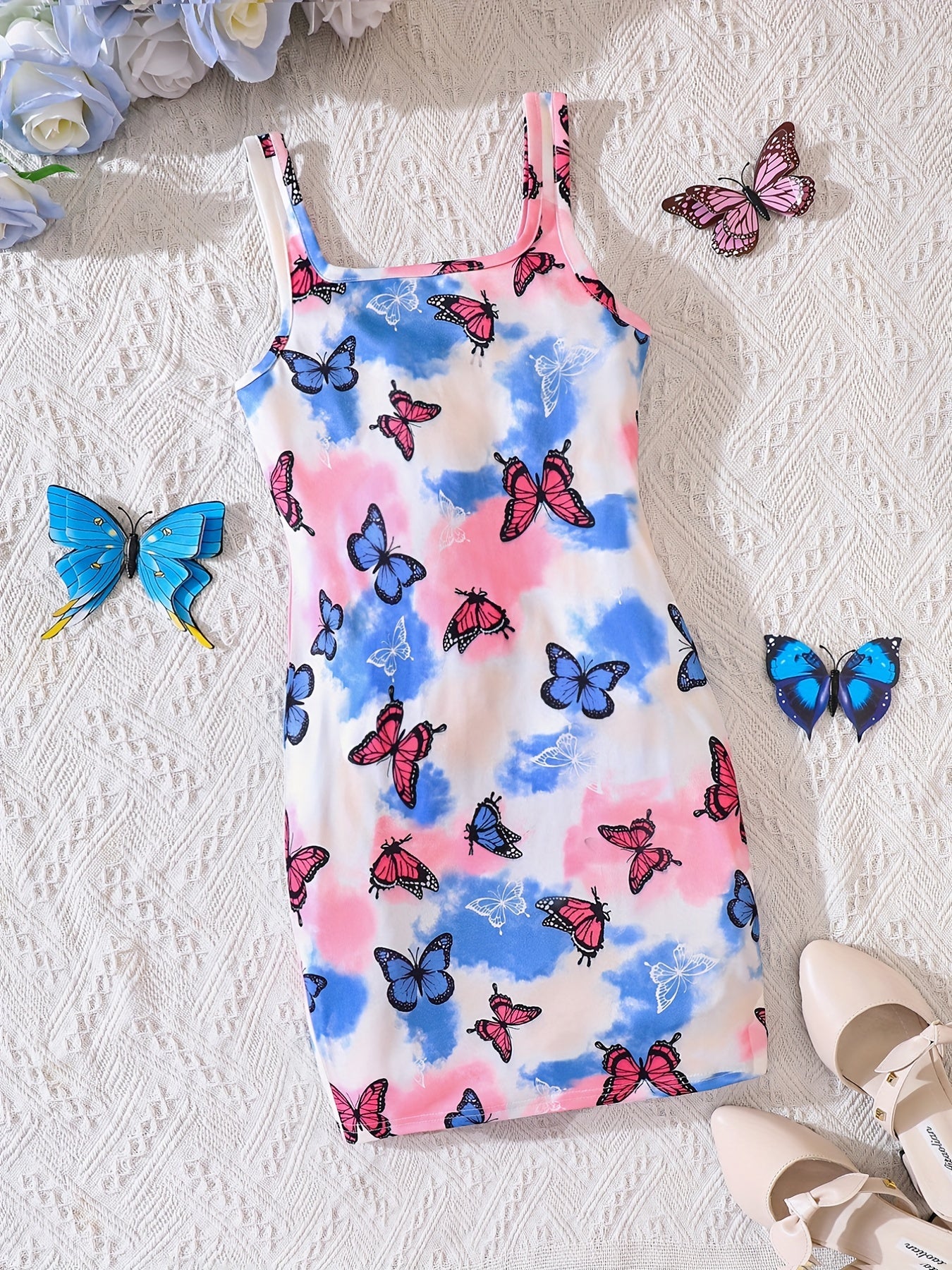 Butterfly Print Square Neck Bodycon Cami Dress for Summer