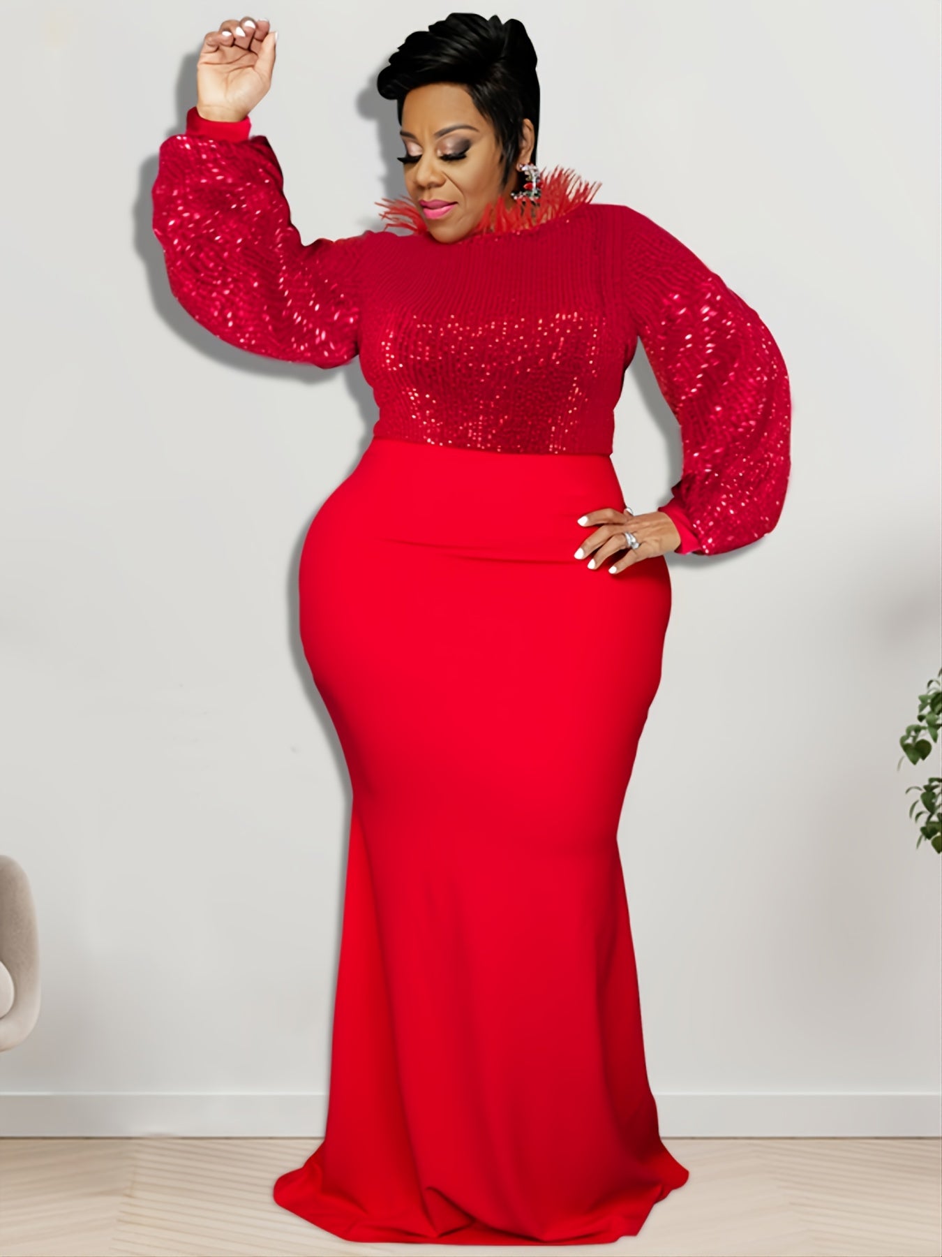 Contrast Sequin Fuzzy Decor Neck Long Sleeve Mermaid Dress