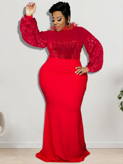 Contrast Sequin Fuzzy Decor Neck Long Sleeve Mermaid Dress