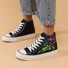 Girls High Top Skate Shoes Letter Pattern Lace Up Sneakers