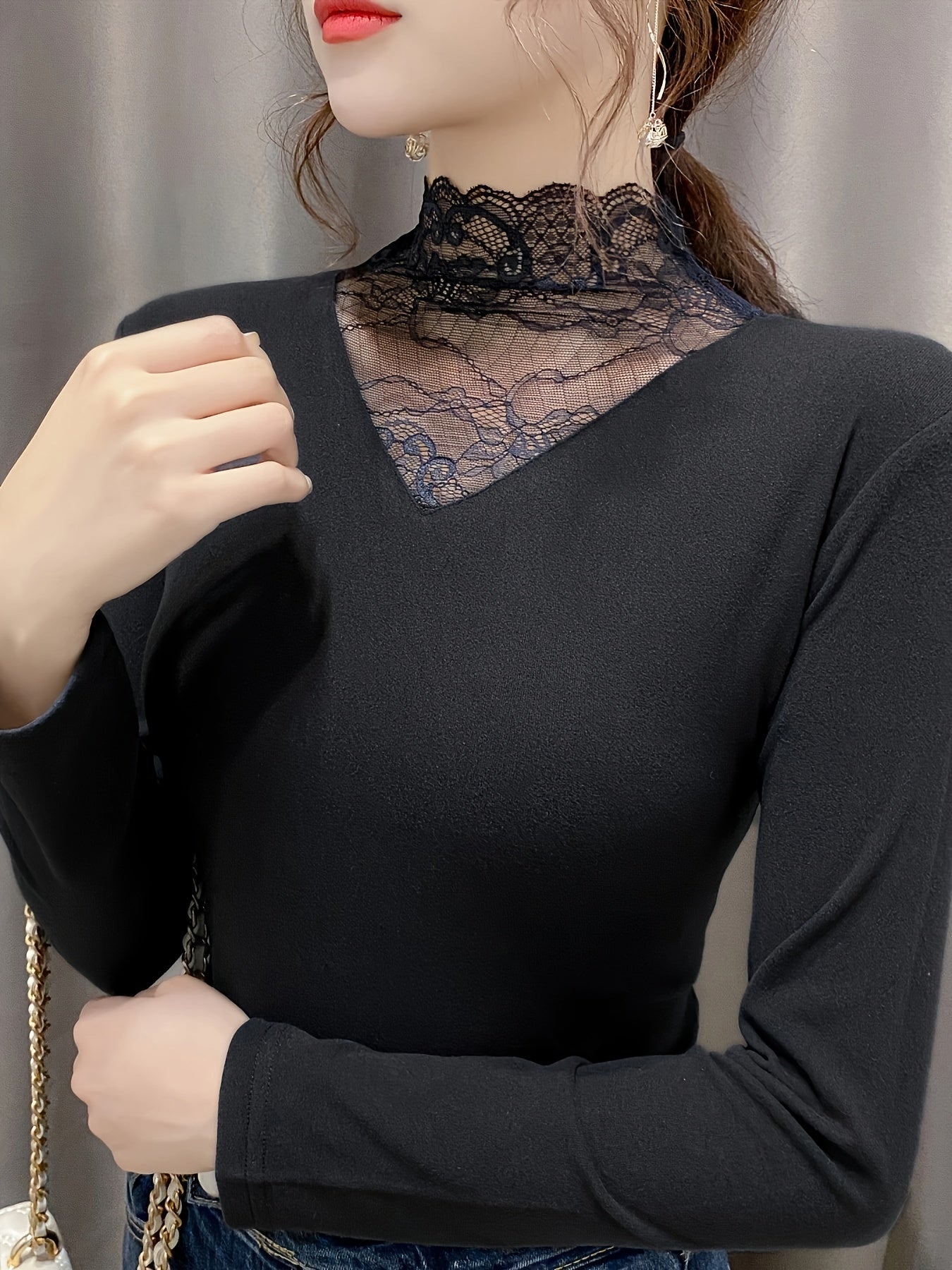 Lace Stitching Thermal Top Long Sleeve Slim Fit Top