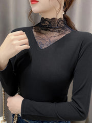 Lace Stitching Thermal Top Long Sleeve Slim Fit Top
