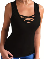 Solid Criss Cross Round Neck Tank Top