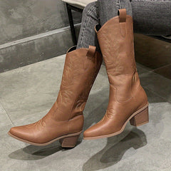 Women's Embroidered Western Boots Pointed Toe Cowgirl Mid Calf Boots