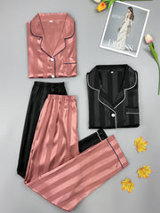 Striped Satin Pajama Set Long Sleeve Top & Pants Women's Sleepwear