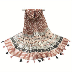 Vintage Geometric Print Scarf Boho Tassel Shawl Windproof Head Wrap