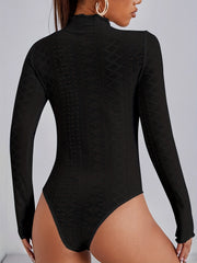 Eyelet Mock Neck Bodysuit Long Sleeve Slim Fit Casual Bodysuit