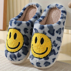 Women's Smile Face Pattern Slippers Leopard Print Plush Lined Shoes