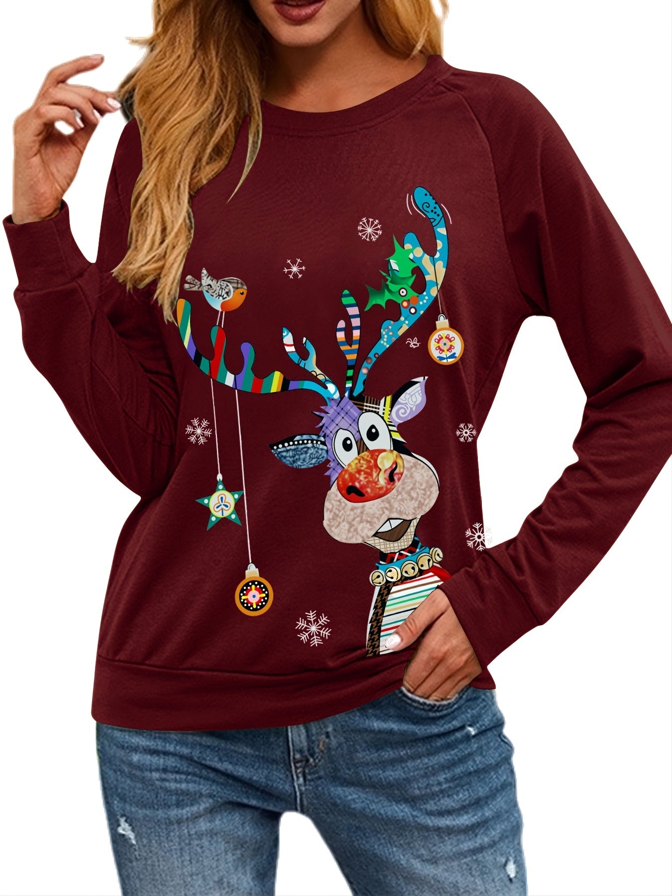 Christmas Graphic Print Sweatshirt Long Sleeve Crew Neck Pullover Sweatshirt