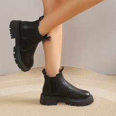 Women's Chunky Heel Platform Ankle Boots Slip On Round Toe Shoes