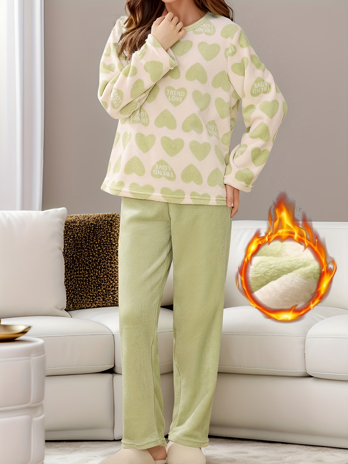 Heart Print Fuzzy Pajama Set Long Sleeve Crew Neck Top & Elastic Waistband Pants