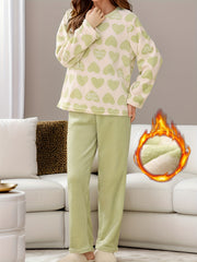 Heart Print Fuzzy Pajama Set Long Sleeve Crew Neck Top & Elastic Waistband Pants