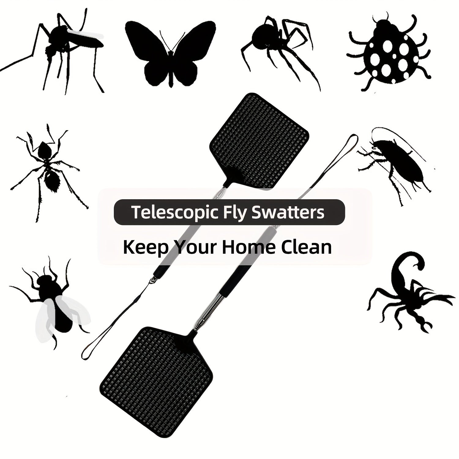 Heavy Duty Telescopic Fly Swatter Durable Plastic & Stainless Steel Handle