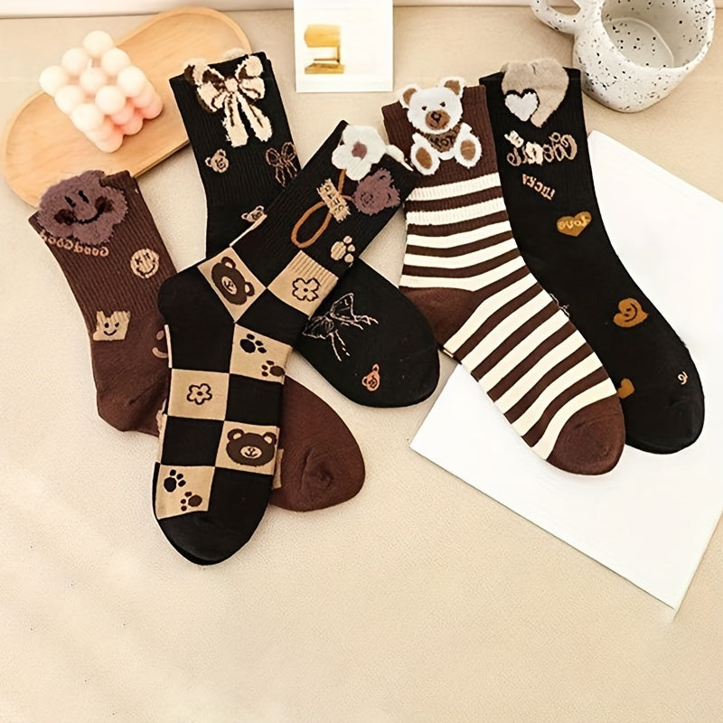 5 Pairs Bear & Smiling Print Socks Comfy & Mid Tube Socks Women's Stockings