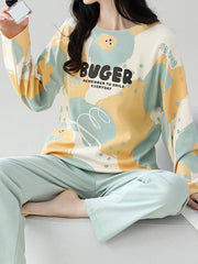 Bear Print Pajama Set Long Sleeve Top & Pants Women's Sleepwear