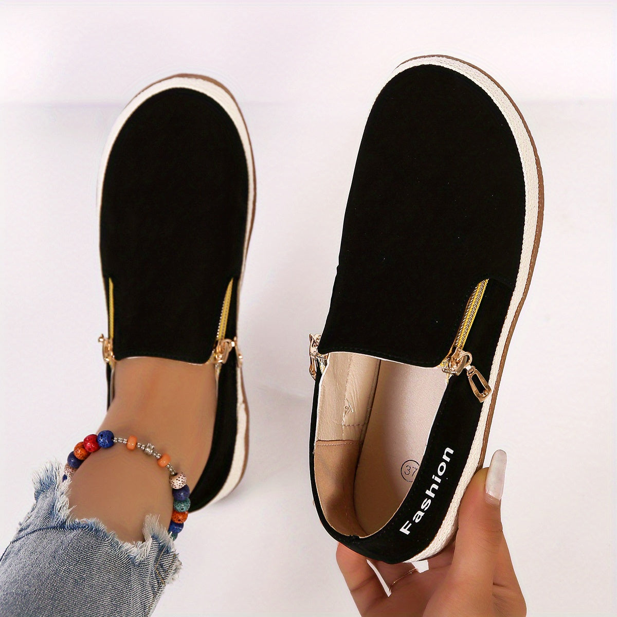 Women's Zipper Detail Canvas Shoes Espadrille Sole Slip On Flat Shoes