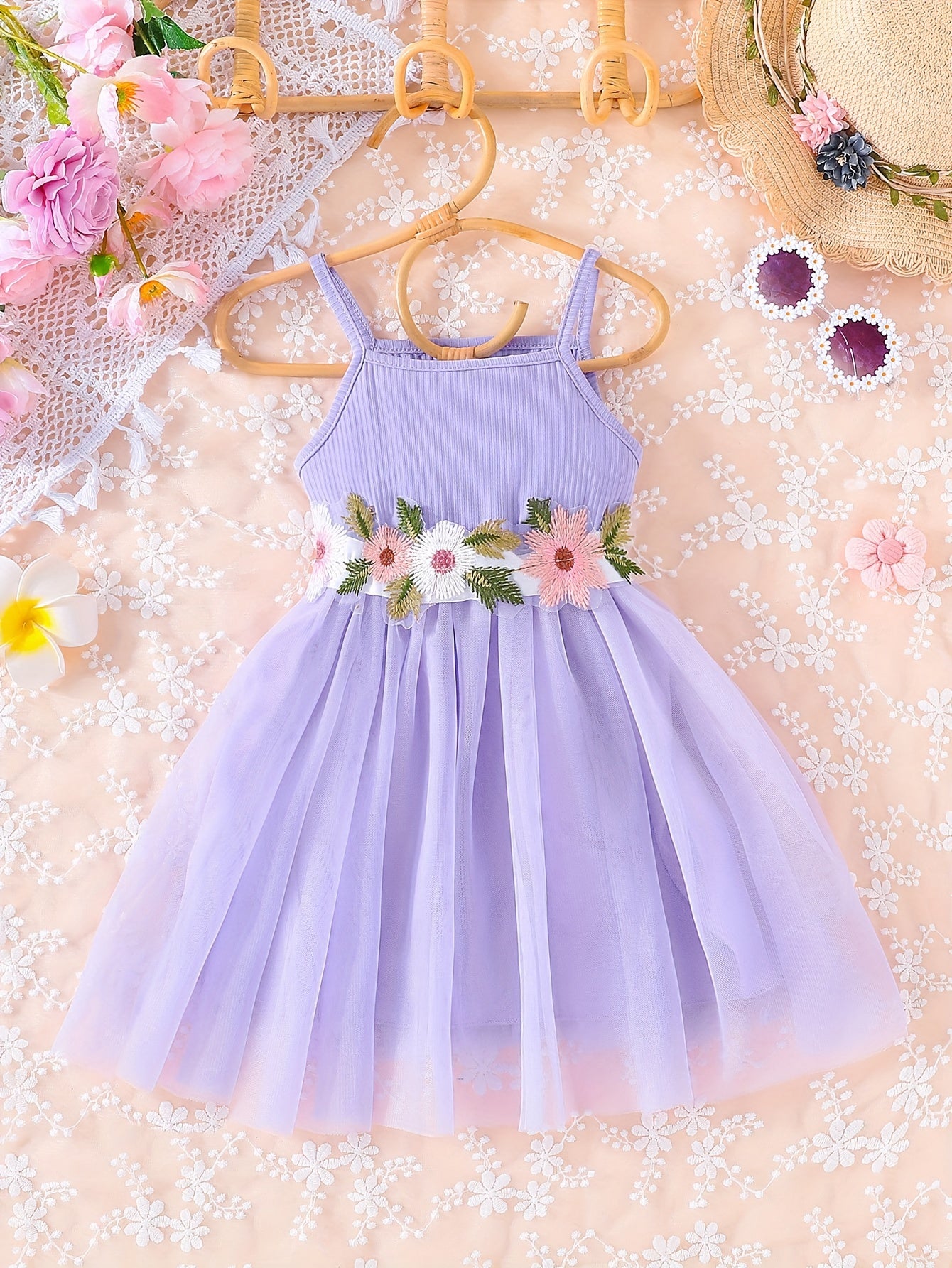 Toddler Girls Flowers Embroidery Mesh Princess Cami Dress