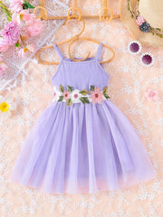 Toddler Girls Flowers Embroidery Mesh Princess Cami Dress