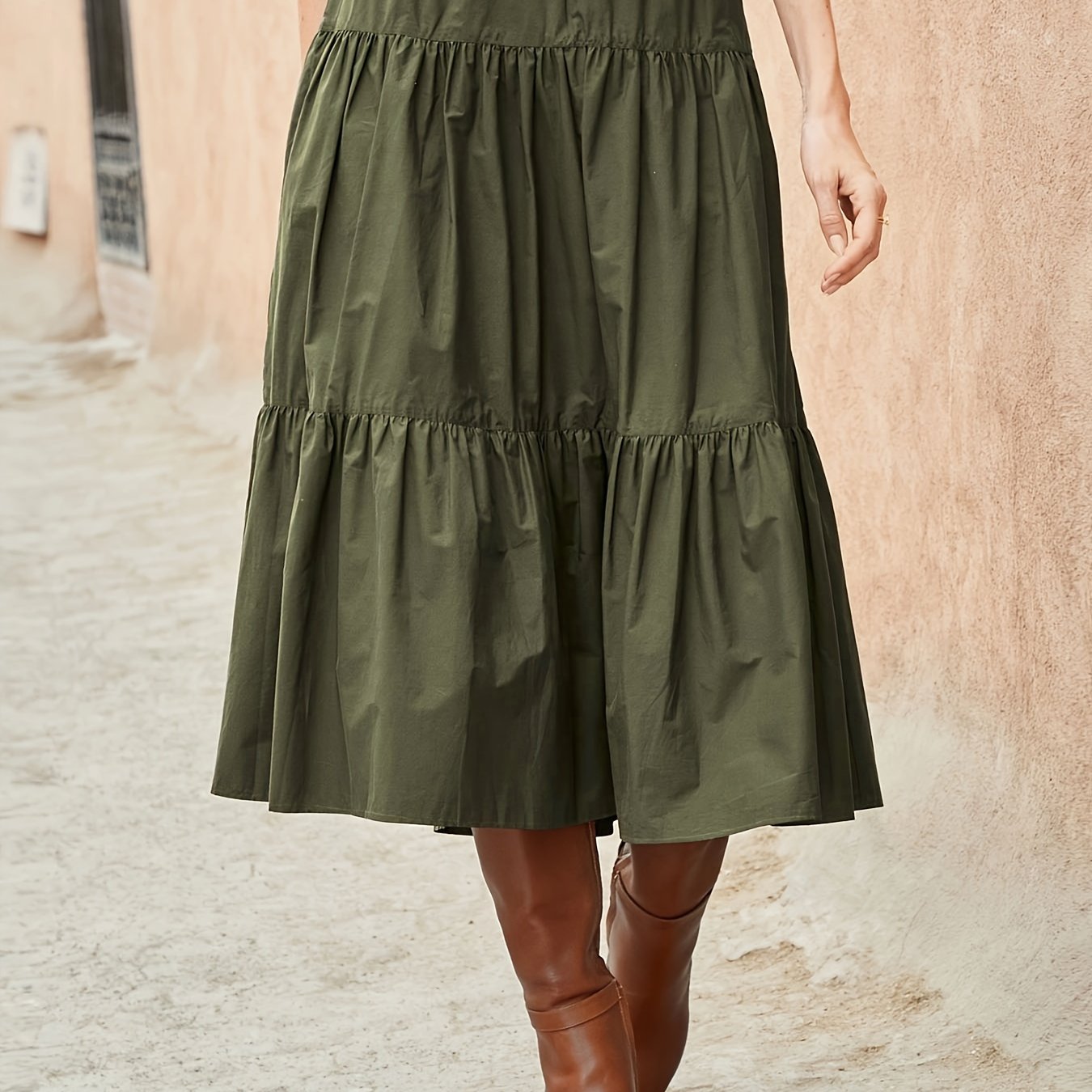 Solid Elastic Waist Pleated Smock A line Skirt