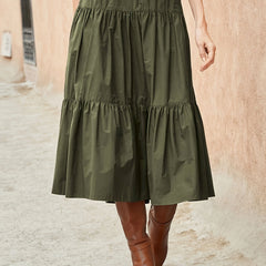 Solid Elastic Waist Pleated Smock A line Skirt