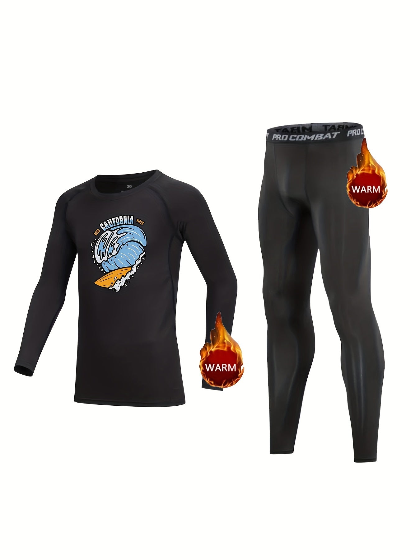 2pcs Kids Compression Fleece Sets Crew Neck Pullover Shirt & Matching Pants