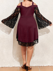 Plus Size Gothic Dress Women's Lace Cold Shoulder Bell Sleeve Lace Up