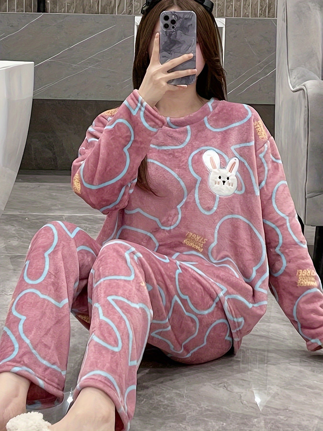 Bunny Print Fuzzy Pajama Set Long Sleeve Crew Neck Top & Elastic Waistband Pants