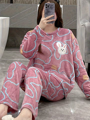 Bunny Print Fuzzy Pajama Set Long Sleeve Crew Neck Top & Elastic Waistband Pants
