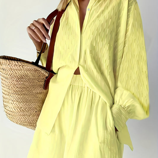 Solid Button Up Long Sleeve Blouse & Shorts Set