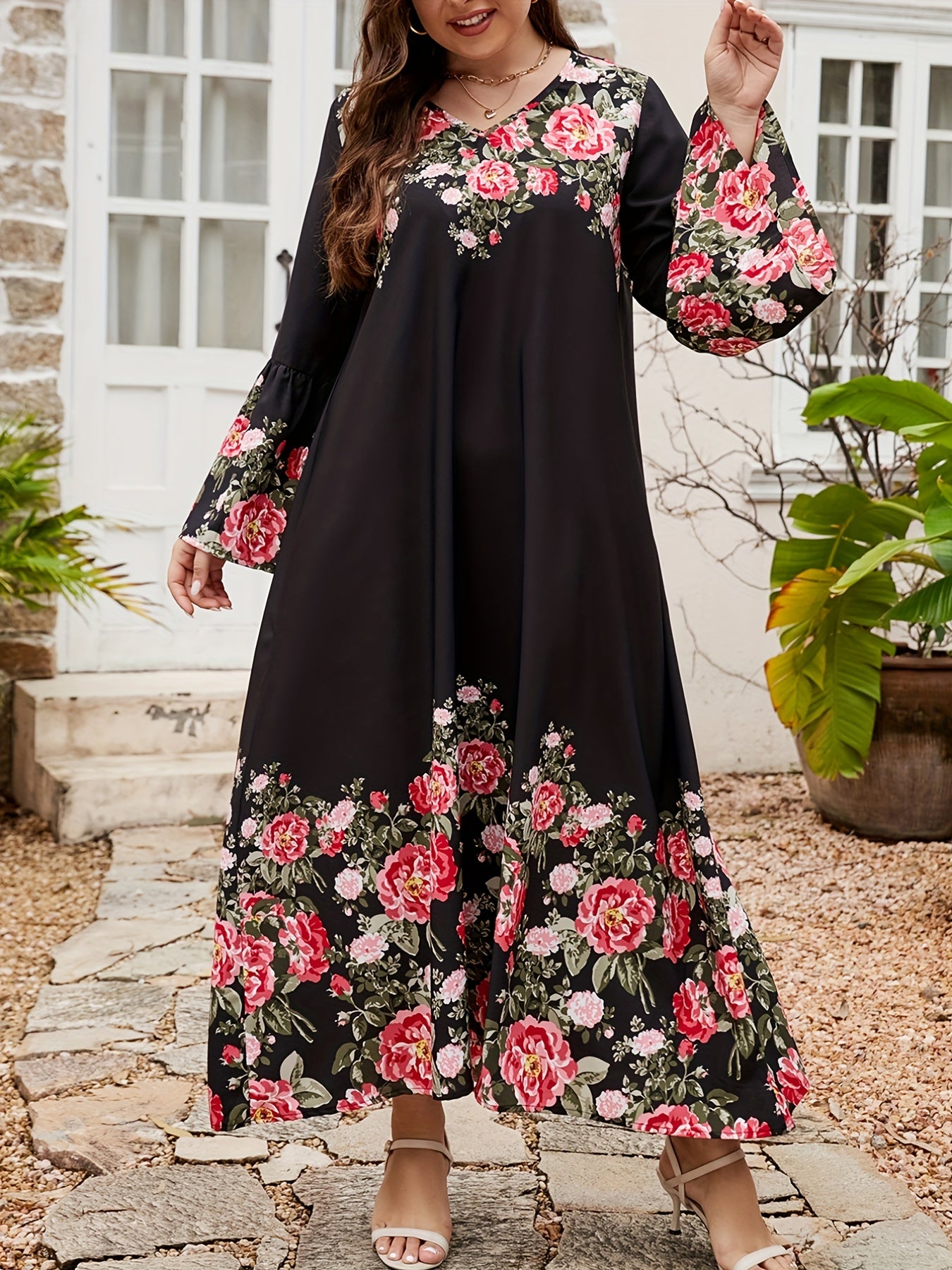 Women's Plus Floral Bell Sleeve Maxi Dress