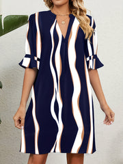 Colorblock Stripe Print Bell Sleeve Notched Neck Mini Dress