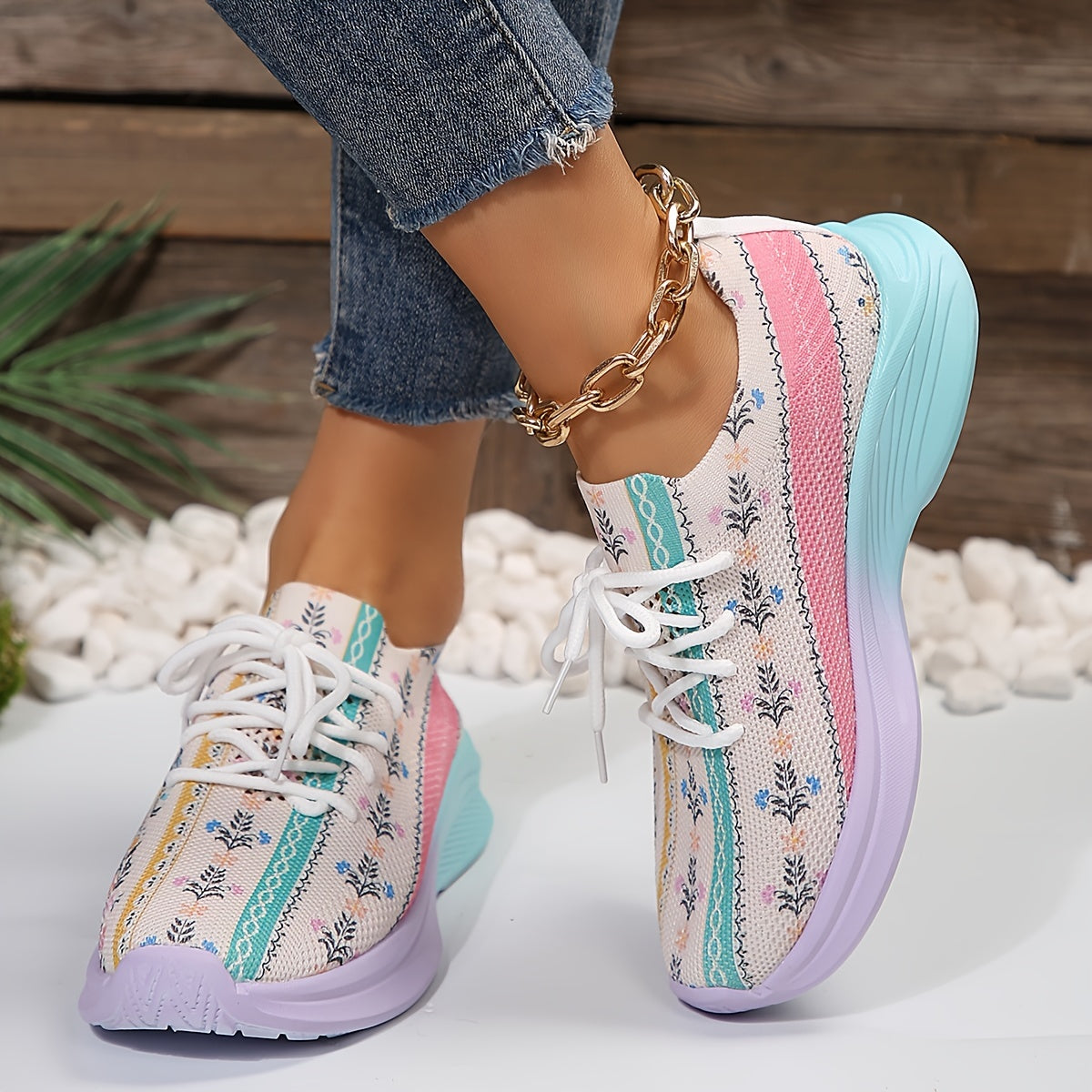 Casual Floral Print Running Shoes Breathable Lightweight Sport Sneakers