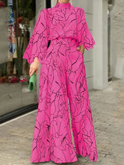 Floral Print Belt Halter Jumpsuit Long Sleeve Waist Tie Summer Jumpsuit