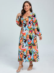 Women's Plus Floral & Geo Print Lantern Sleeve V Neck Maxi Dress
