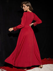 Lace Stitching Split NightDress Scallop Trim Deep V Long Sleeve Pajama Dress