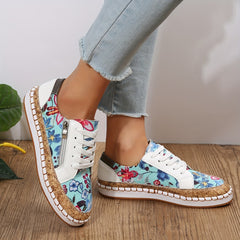 Women's Floral Print Flat Sneakers Lace Up Zipper Outdoor Shoes