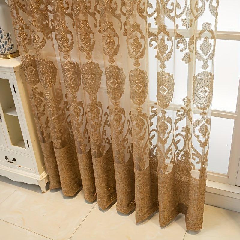 1pc Coffee European Embroidered Hollow Window Sheer Curtains