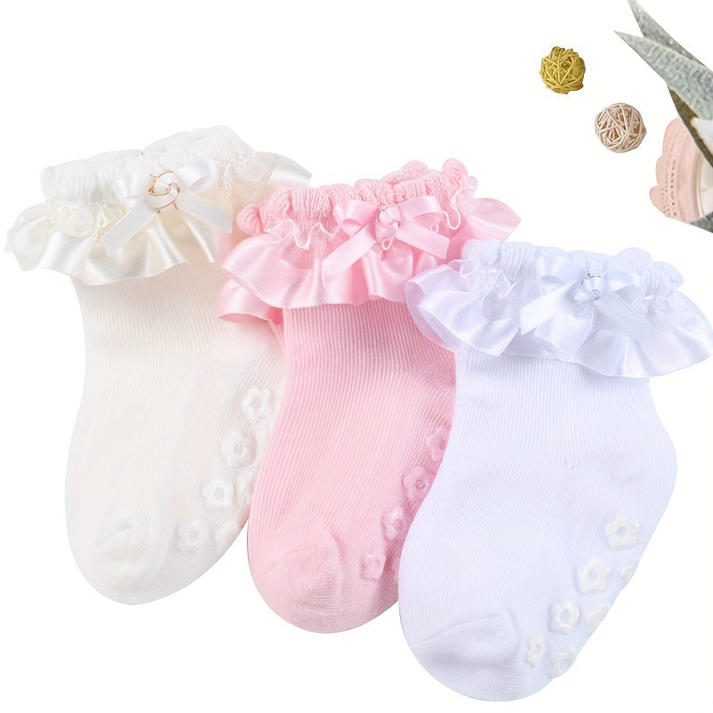 3 Pairs Baby Girls Lace Ruffled Socks with Bow Non-slip Cotton Socks
